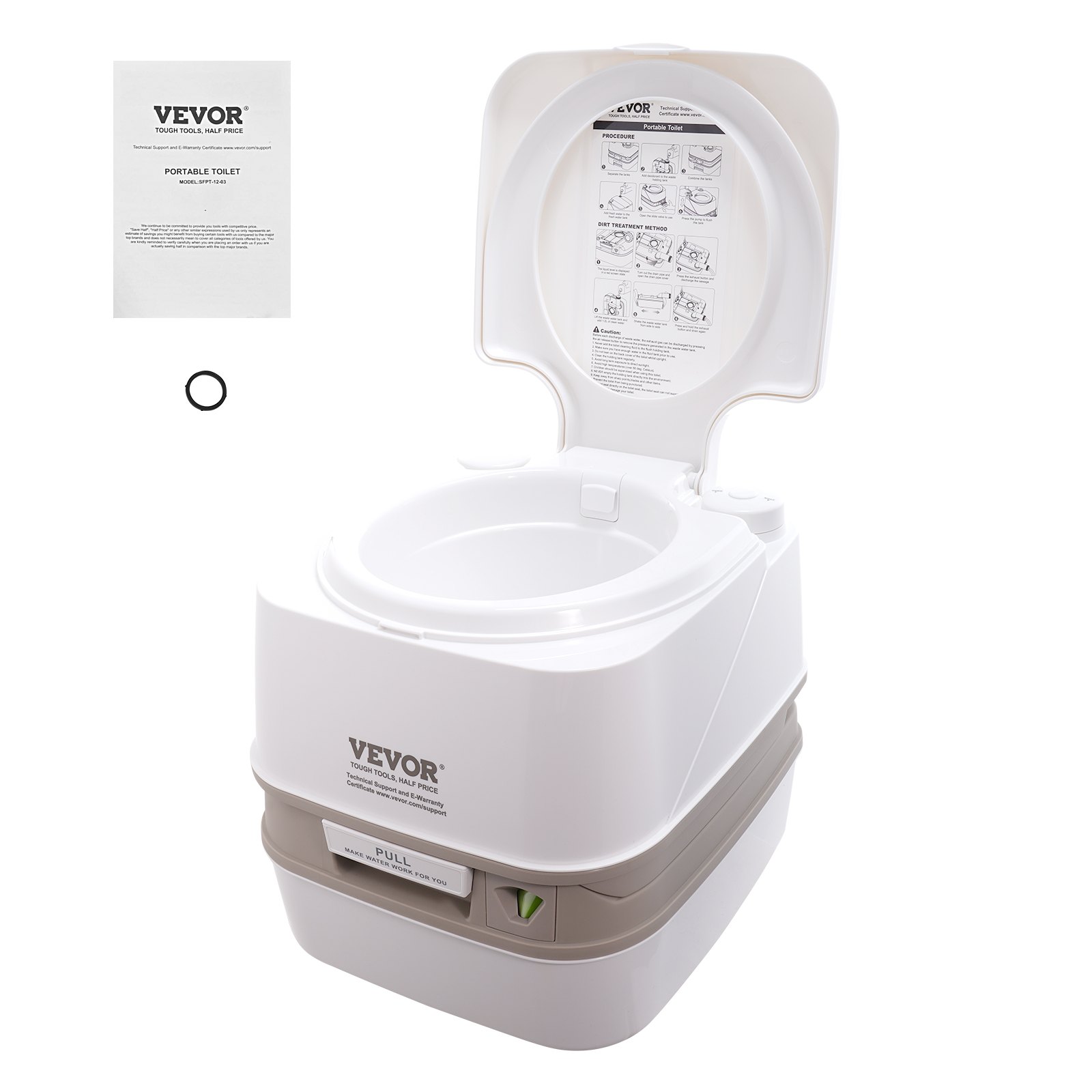 Inodoro portátil VEVOR con tapa abierta, manual de instrucciones y pequeño accesorio mostrado.