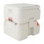 Inodoro portátil para acampar VEVOR, diseño compacto blanco, asa de tracción, mecanismo de descarga naranja.