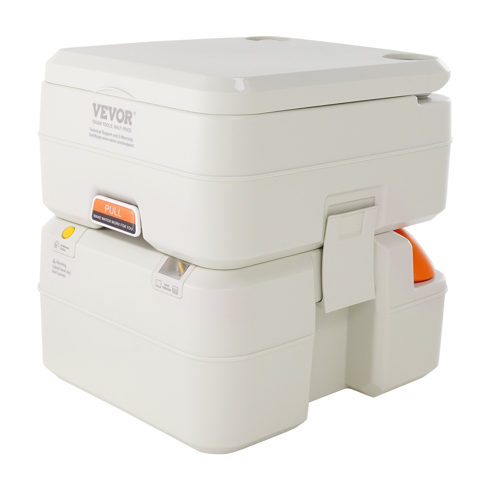 Inodoro portátil para acampar VEVOR, diseño compacto blanco, asa de tracción, mecanismo de descarga naranja.