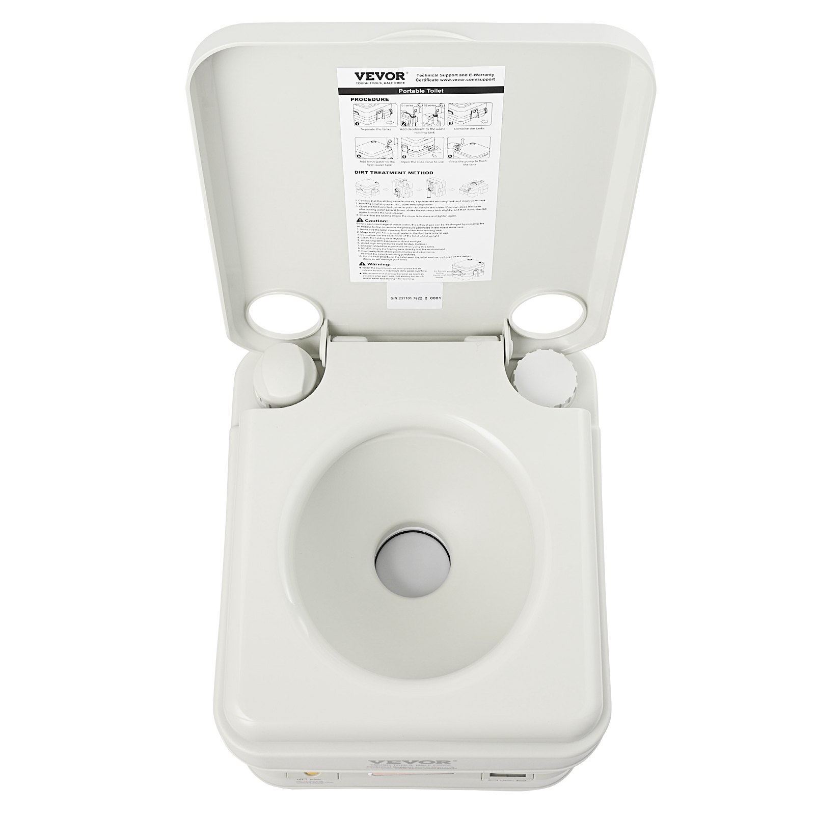 Inodoro portátil para acampar VEVOR con tapa abierta, que muestra instrucciones, orificio de descarga y tanque de agua.