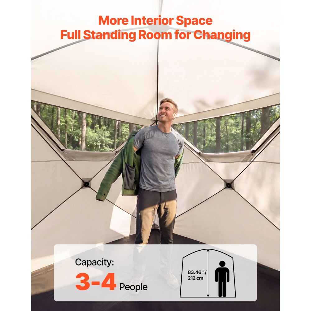 VEVOR Tienda de Campaña Instantánea para 4 Personas, Tienda de Camping Pop Up Pórtatil, con Ventanas Grandes de Malla, Bolsa de Transporte, para Acampada al Aire Libre de Familia Amigos, Color Beige