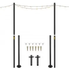 VEVOR Cadena de postes de luz, paquete de 2 10.6 pies, poste de lámpara de acero con recubrimiento de polvo para exteriores con ganchos para colgar linterna y banderas, opciones de montaje universal para decorar jardín, patio y cubierta para fiesta, negro