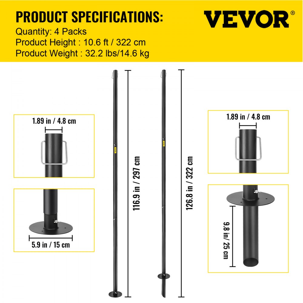 VEVOR Postes de luz de cadena (paquete de 4, 3,2 m), de acero con recubrimiento en polvo para exteriores, con ganchos para colgar faroles y banderas, opciones de montaje universales para decorar jardines, patios y terrazas para fiestas, color negro