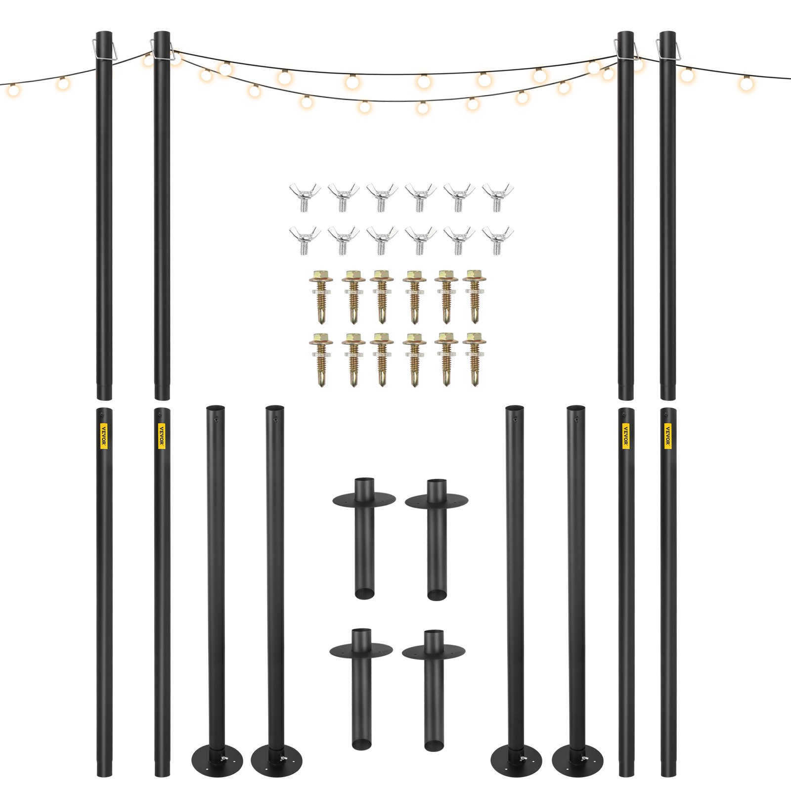VEVOR Postes de luz de cadena (paquete de 4, 3,2 m), de acero con recubrimiento en polvo para exteriores, con ganchos para colgar faroles y banderas, opciones de montaje universales para decorar jardines, patios y terrazas para fiestas, color negro