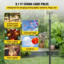 VEVOR Cadena de postes de luz, paquete de 2 9.7 pies, poste de lámpara de acero inoxidable con recubrimiento de polvo para exteriores con ganchos para colgar linternas y banderas, decorar jardín, patio, terraza, para fiestas y bodas, negro