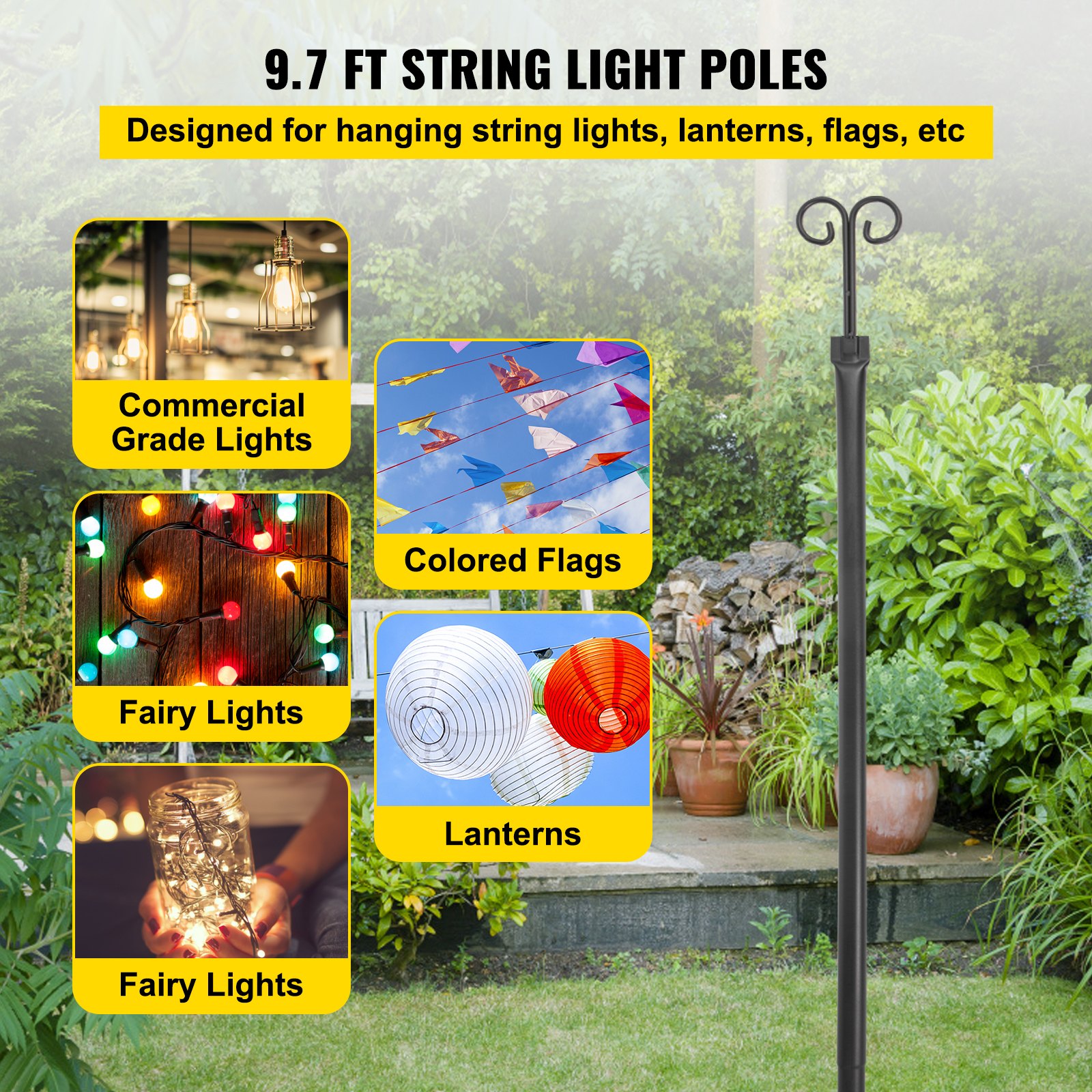 Postes de iluminación de cadena VEVOR para colgar luces, banderas y linternas en un entorno de jardín.
