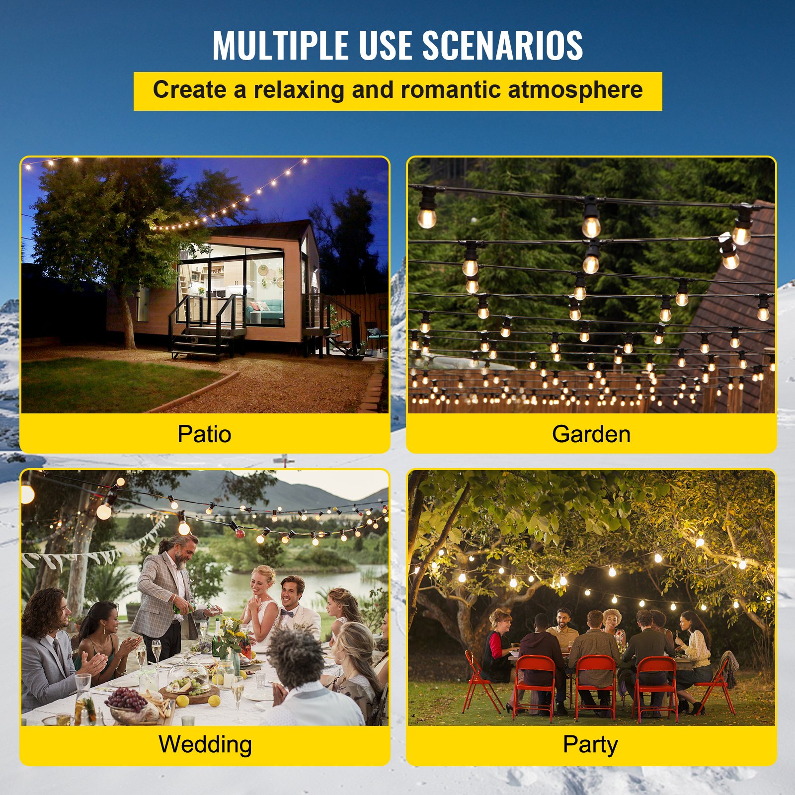 Postes de iluminación de cadena VEVOR utilizados en patios, jardines, bodas y fiestas.