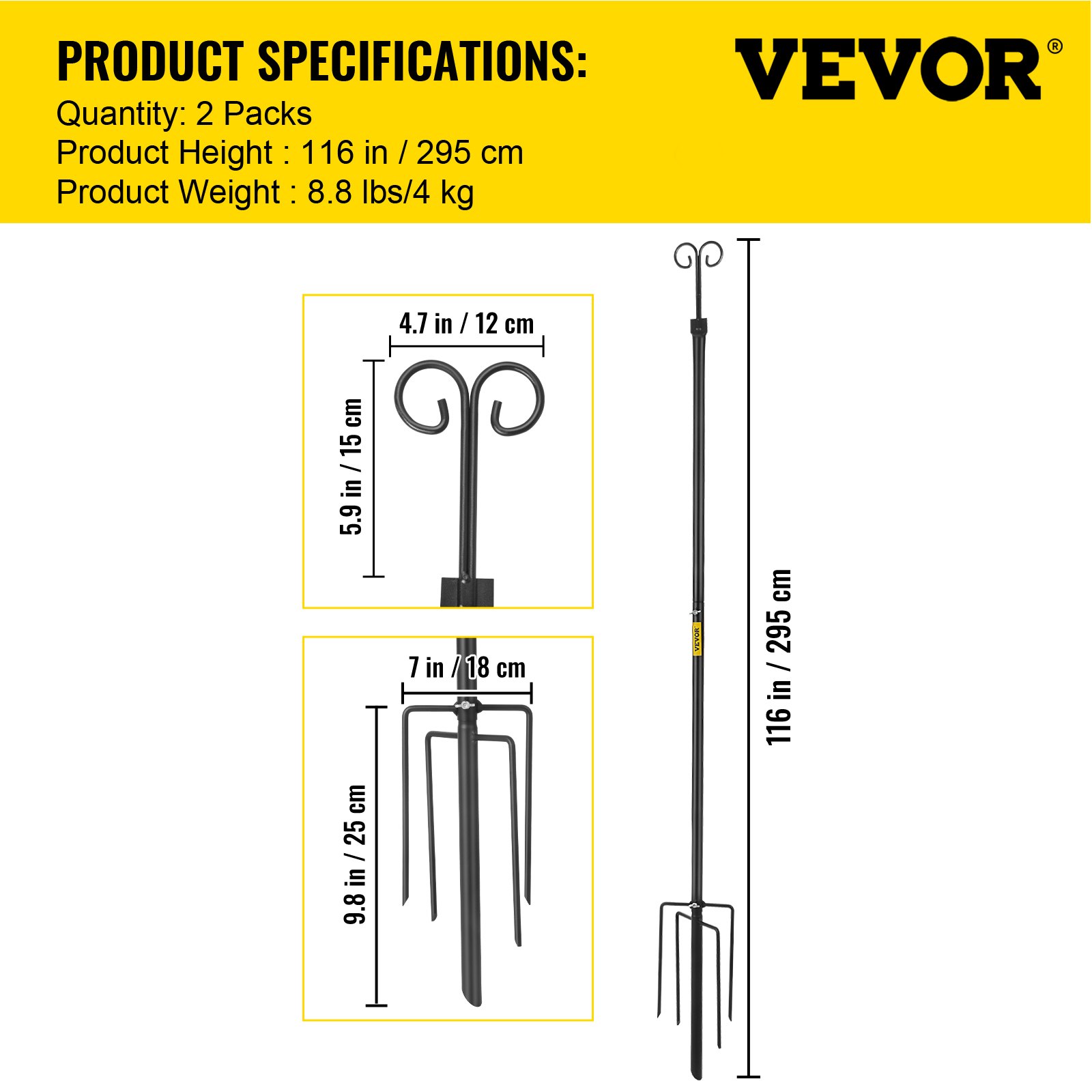 Dimensiones y especificaciones de los postes de luz de cadena VEVOR en caja amarilla.