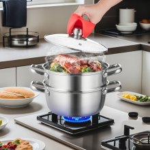 VEVOR Olla de vapor, olla de vapor de 9,5 pulgadas/24 cm para cocinar con olla de 5 cuartos y vaporizador de verduras, utensilios de cocina de acero inoxidable 304 de grado alimenticio con tapa para estufa de parrilla de inducción eléctrica de gas