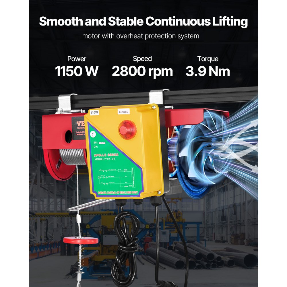 Polipasto eléctrico VEVOR, capacidad de elevación de 600 kg, cabrestante eléctrico de alambre de acero de 1150 W y 110 V con control remoto inalámbrico, altura de elevación de un solo cable de 12 m y motor de cobre puro, para garaje, almacén y fábrica.