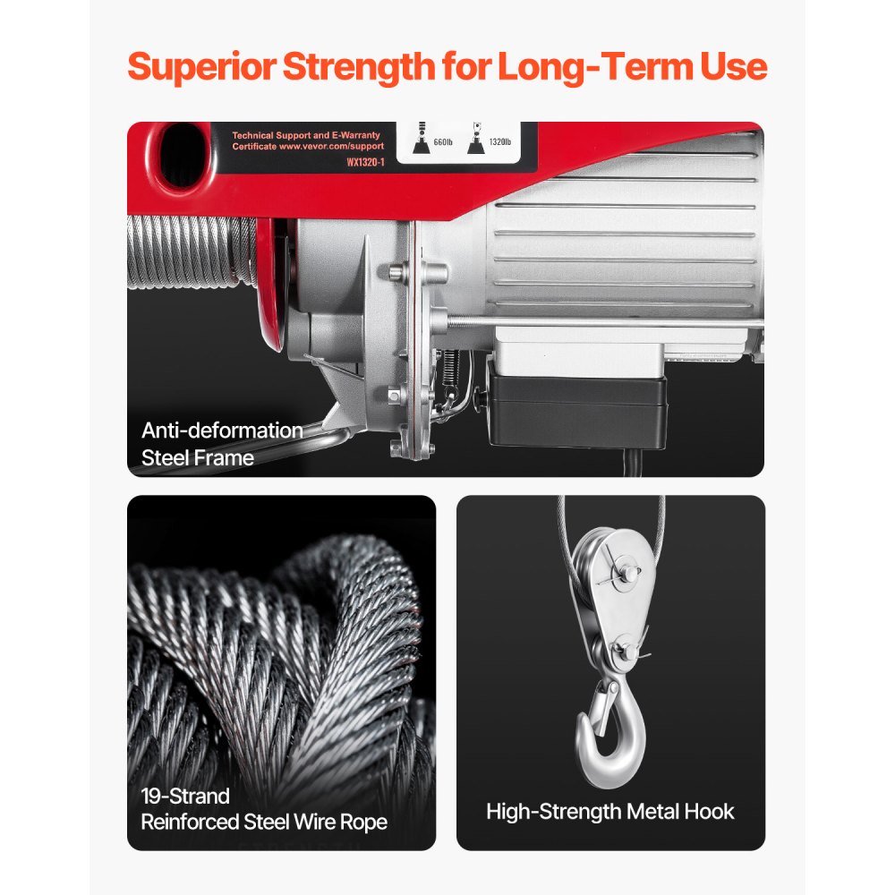 Polipasto eléctrico VEVOR, capacidad de elevación de 600 kg, cabrestante eléctrico de alambre de acero de 1150 W y 110 V con control remoto inalámbrico, altura de elevación de un solo cable de 12 m y motor de cobre puro, para garaje, almacén y fábrica.