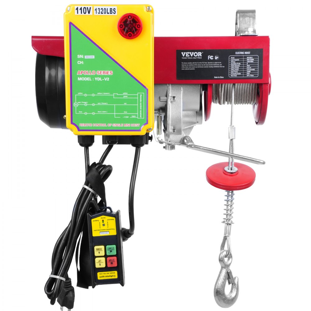 Polipasto eléctrico VEVOR, capacidad de elevación de 600 kg, cabrestante eléctrico de alambre de acero de 1150 W y 110 V con control remoto inalámbrico, altura de elevación de un solo cable de 12 m y motor de cobre puro, para garaje, almacén y fábrica.