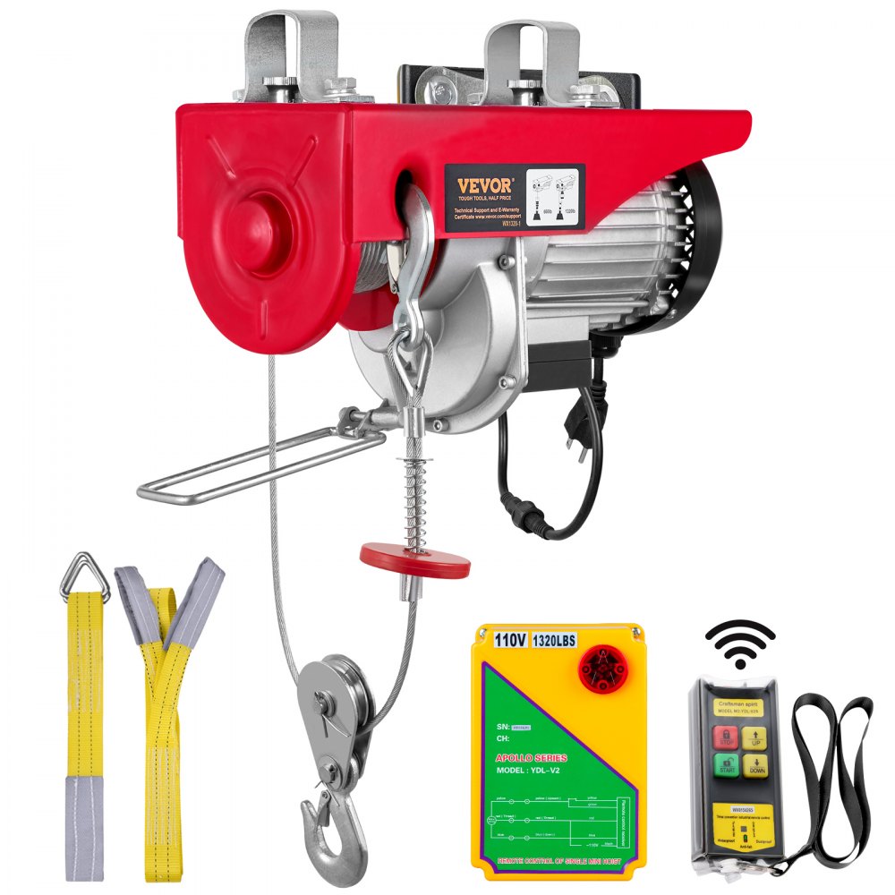 Polipasto eléctrico VEVOR, capacidad de elevación de 600 kg, cabrestante eléctrico de alambre de acero de 1150 W y 110 V con control remoto inalámbrico, altura de elevación de un solo cable de 12 m y motor de cobre puro, para garaje, almacén y fábrica.
