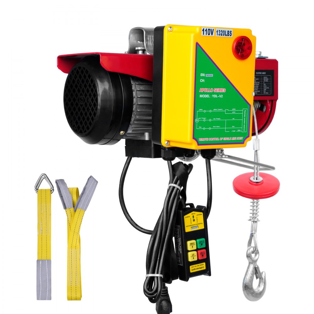 Polipasto eléctrico VEVOR, capacidad de elevación de 600 kg, cabrestante eléctrico de alambre de acero de 1150 W y 110 V con control remoto inalámbrico, altura de elevación de un solo cable de 12 m y motor de cobre puro, para garaje, almacén y fábrica.