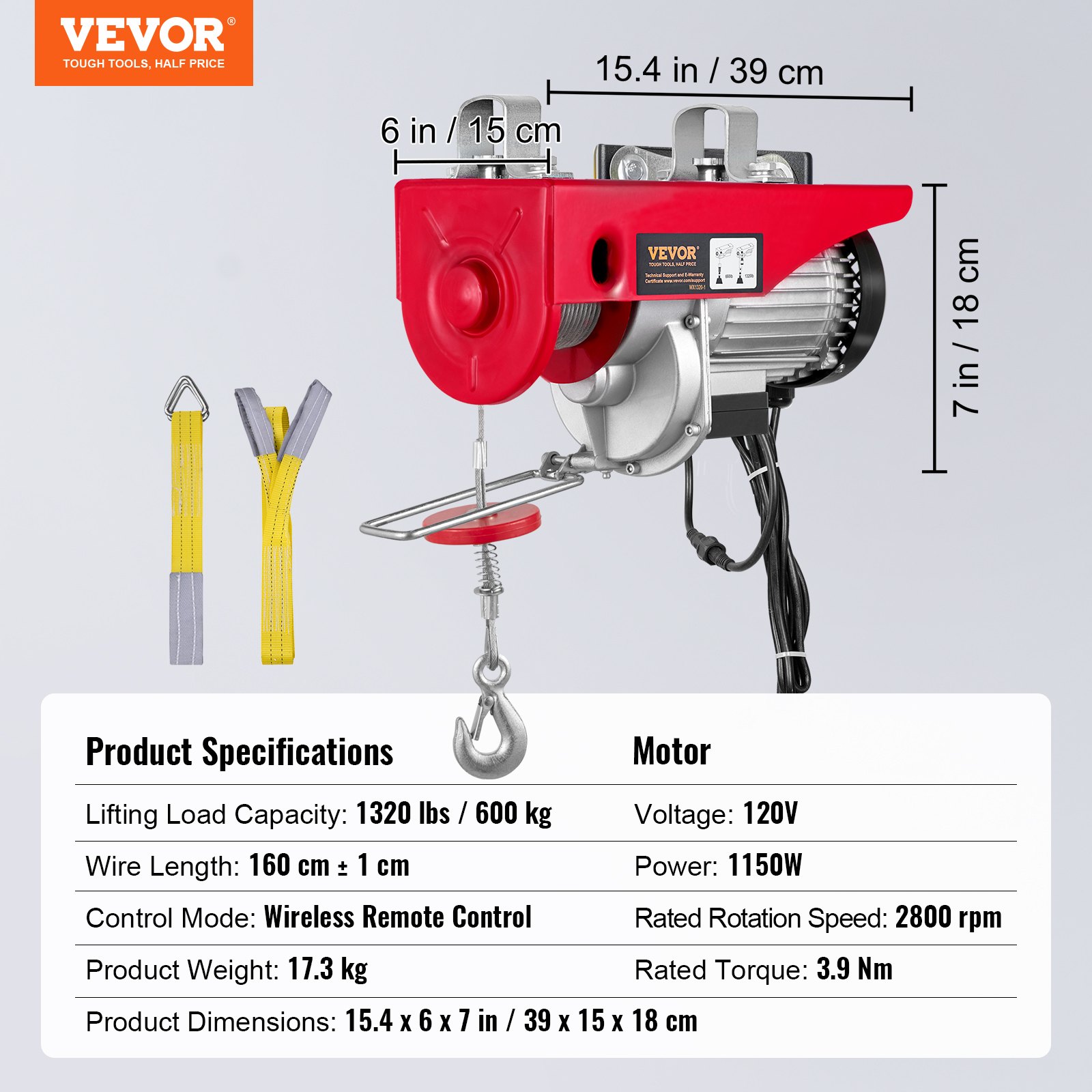 VEVOR Polipasto eléctrico capacidad de elevación de 1320 lbs cabrestante de alambre de acero eléctrico de 1150 W 110 V con control remoto