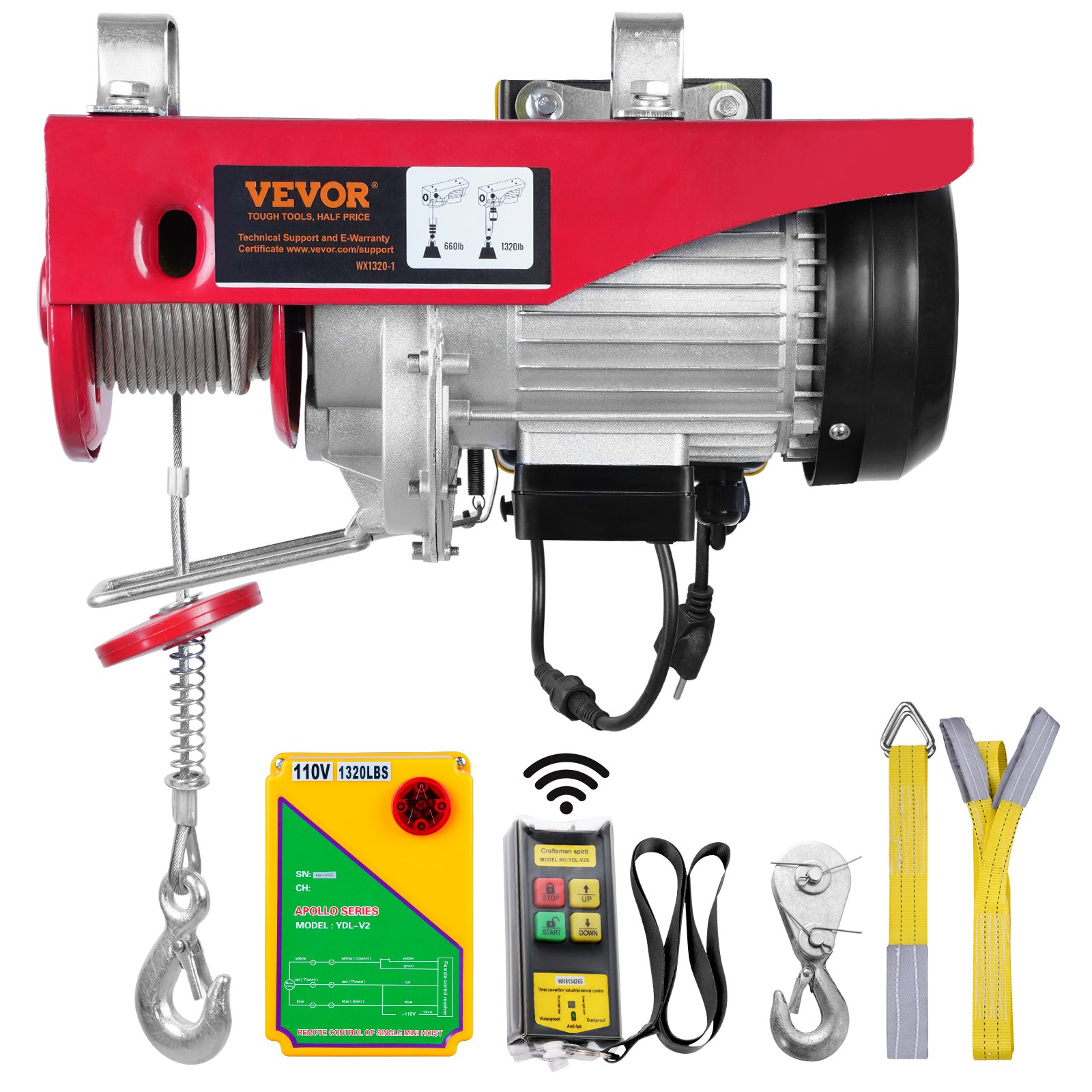 VEVOR Polipasto eléctrico capacidad de elevación de 1320 lbs cabrestante de alambre de acero eléctrico de 1150 W 110 V con control remoto