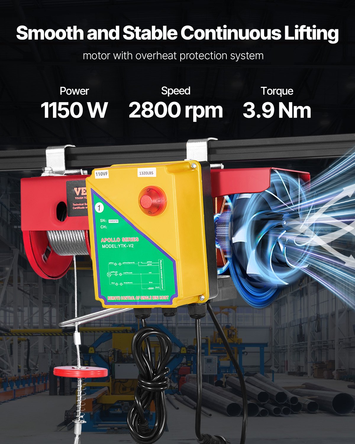 Polipasto eléctrico VEVOR, capacidad de elevación de 600 kg, cabrestante eléctrico de alambre de acero de 1150 W y 110 V con control remoto inalámbrico, altura de elevación de un solo cable de 12 m y motor de cobre puro, para garaje, almacén y fábrica.