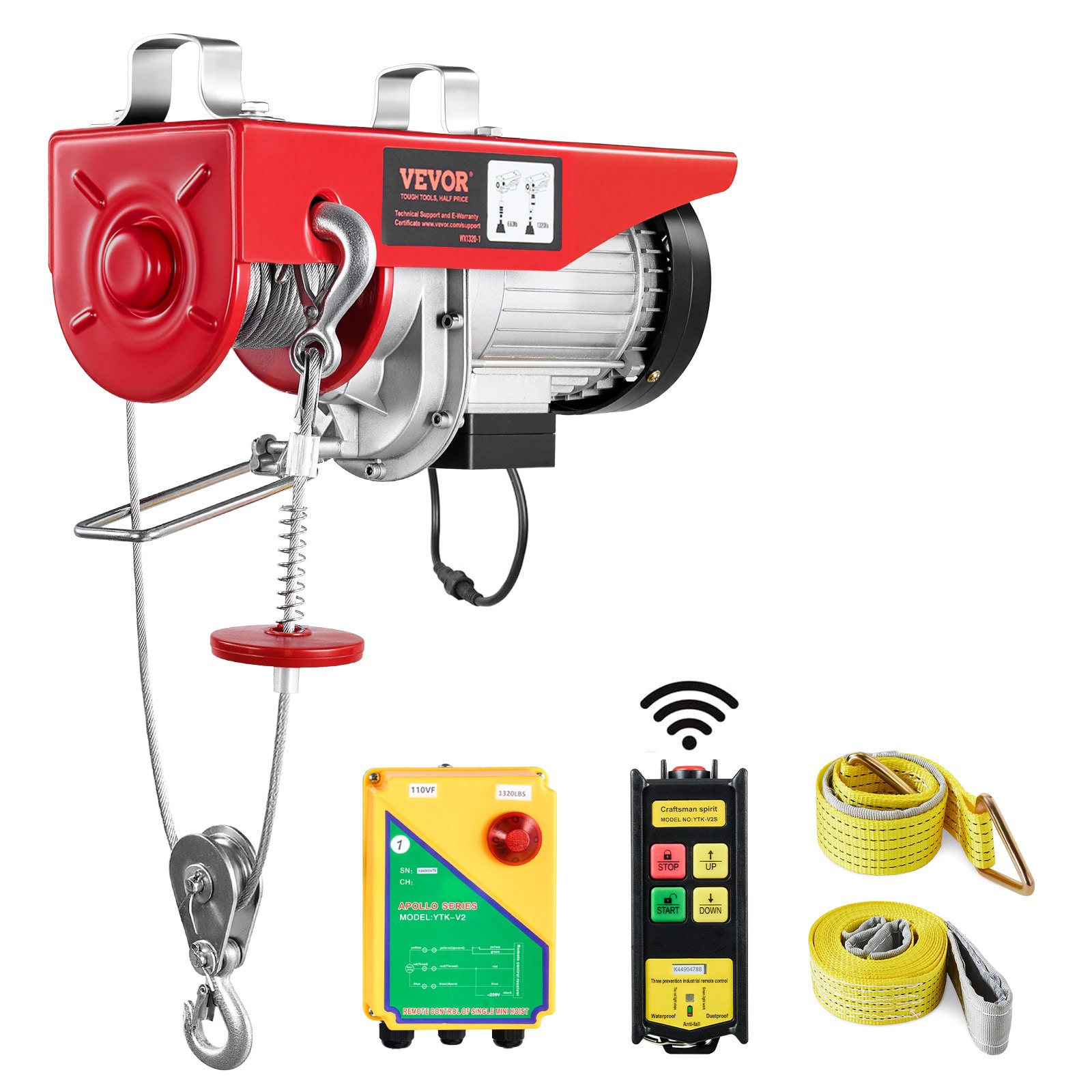 Polipasto eléctrico VEVOR, capacidad de elevación de 600 kg, cabrestante eléctrico de alambre de acero de 1150 W y 110 V con control remoto inalámbrico, altura de elevación de un solo cable de 12 m y motor de cobre puro, para garaje, almacén y fábrica.
