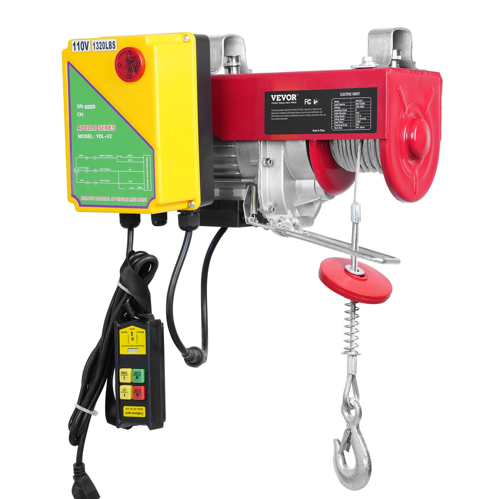 Polipasto eléctrico VEVOR, capacidad de elevación de 600 kg, cabrestante eléctrico de alambre de acero de 1150 W y 110 V con control remoto inalámbrico, altura de elevación de un solo cable de 12 m y motor de cobre puro, para garaje, almacén y fábrica.