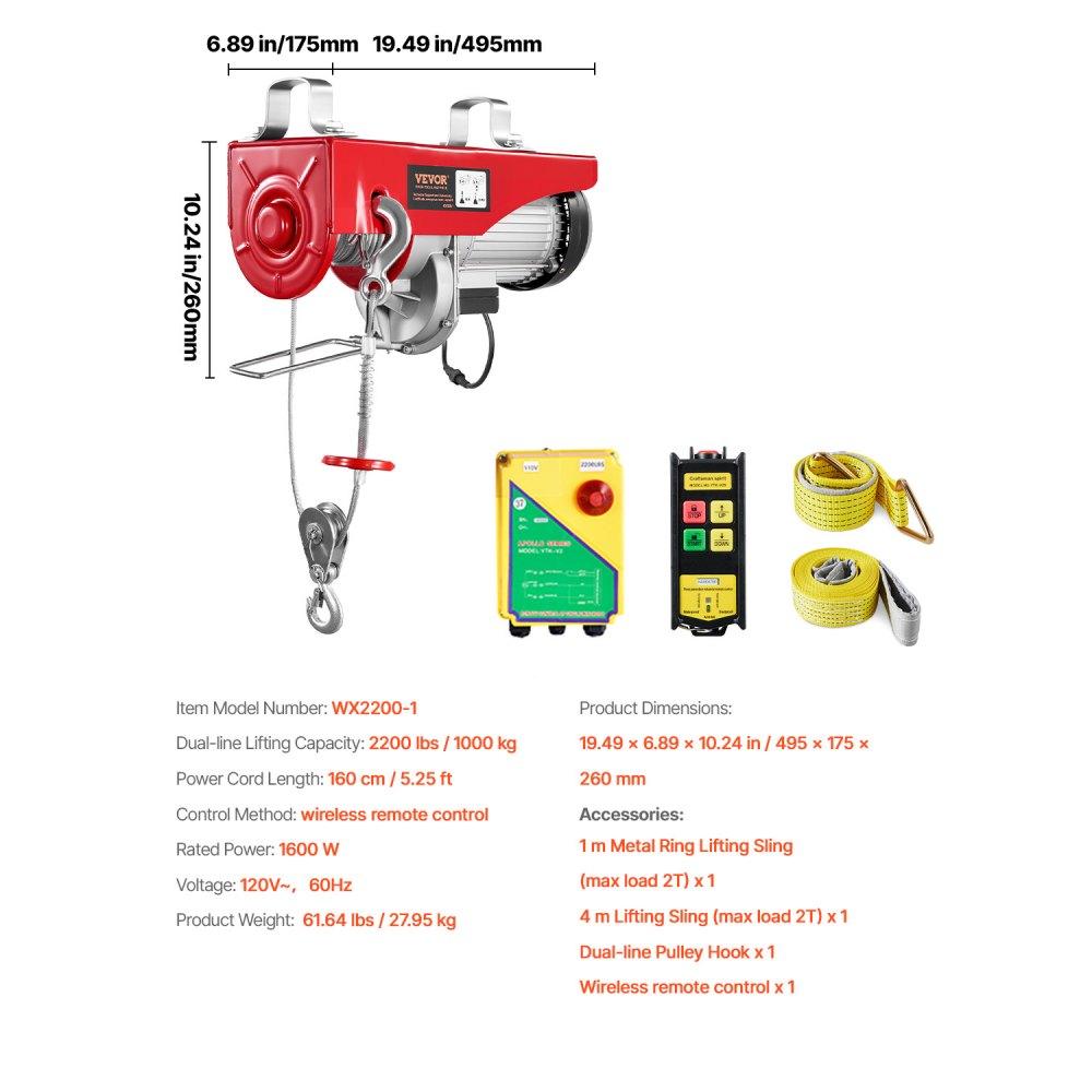 Elevador de ático inalámbrico VEVOR de 2200 lb, polipasto eléctrico de 1600 W y 110 V con control remoto inalámbrico, altura de elevación de 12 m con un solo cable y motor de cobre puro, para garaje, almacén y fábrica.