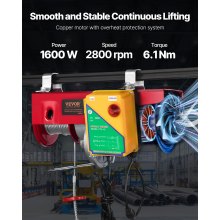 VEVOR Polipasto eléctrico capacidad de elevación de 2200 lbs cabrestante de alambre de acero eléctrico de 1600 W 110 V con control remoto