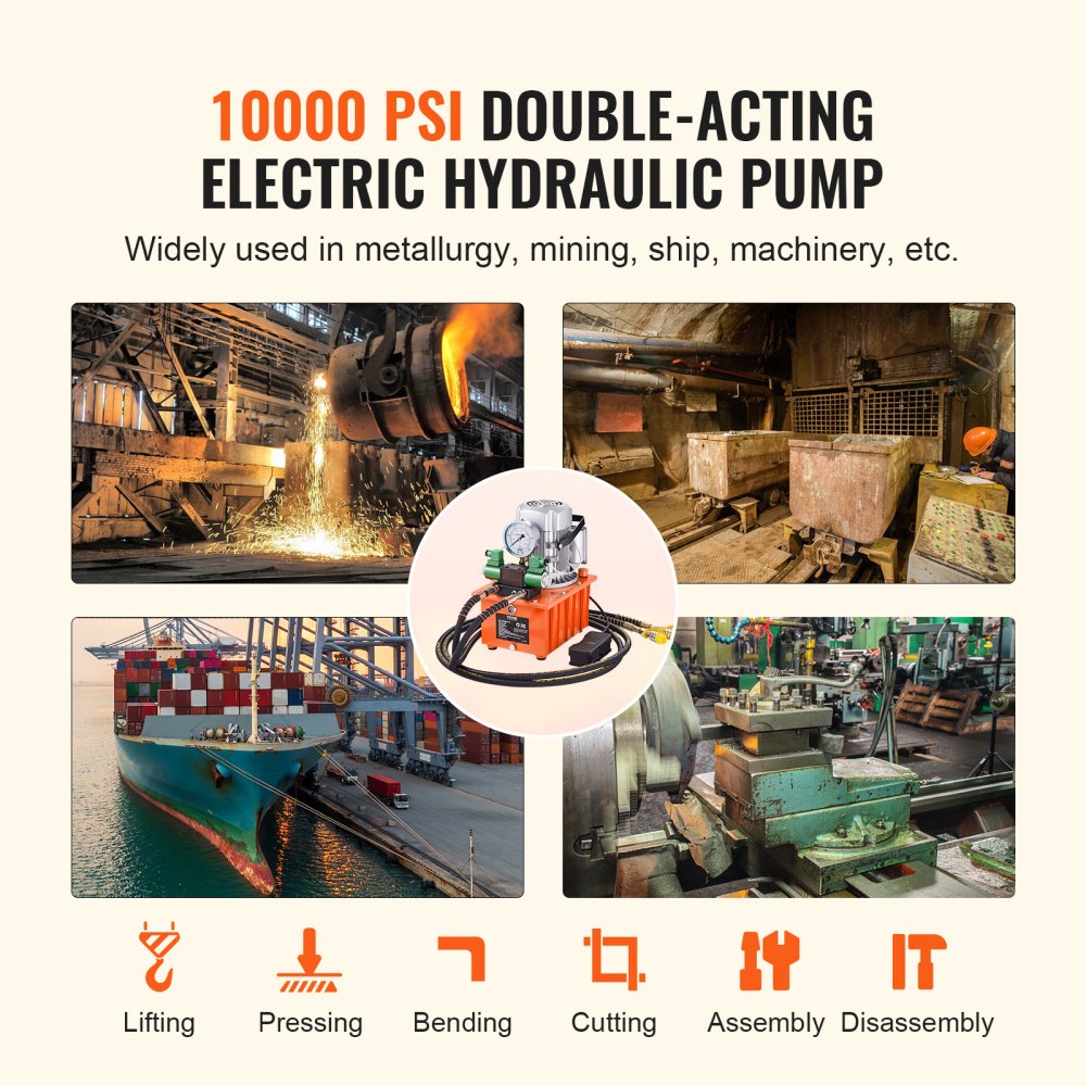 Bomba hidráulica eléctrica VEVOR, 10 000 PSI, 750 W, 110 V, capacidad de 8 L (488 in³), válvula solenoide de doble efecto, unidad de potencia de bomba hidráulica eléctrica con interruptor de pedal para punzonadoras, dobladoras y máquinas de elevación.