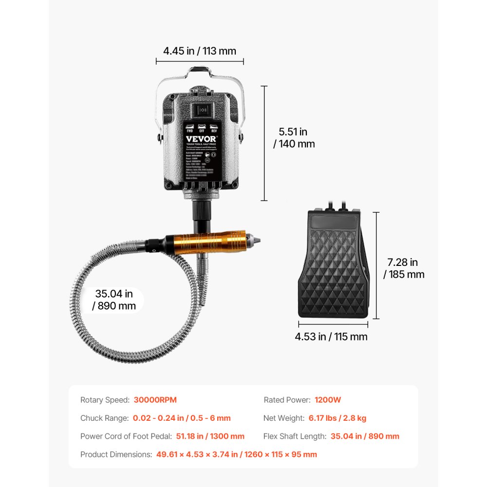 Amoladora de eje flexible VEVOR, herramienta rotativa eléctrica de 1200 W y 30 000 RPM, pulidora colgante multifuncional con 31 accesorios y pedal para tallar, pulir, taladrar y pulir.