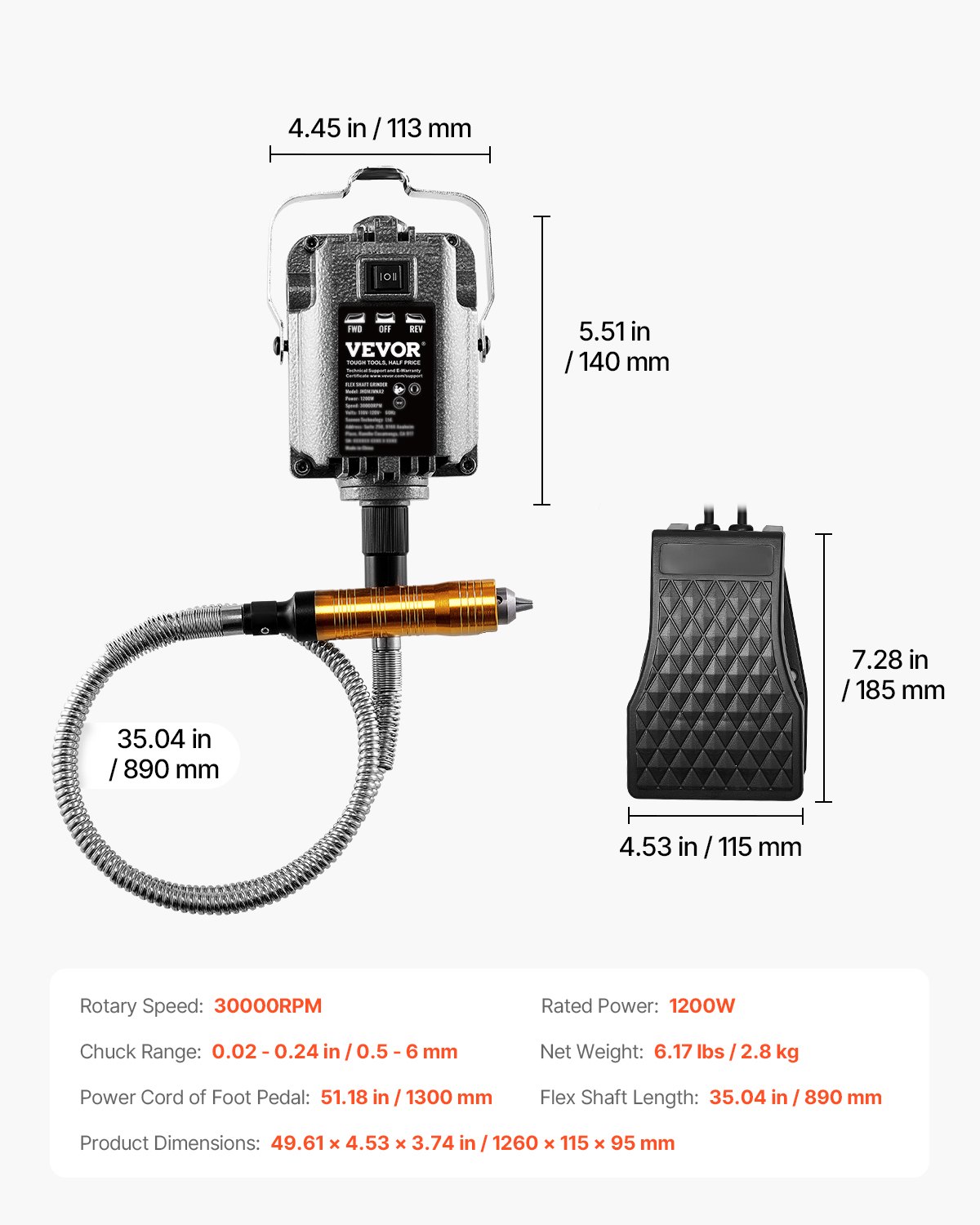Amoladora de eje flexible VEVOR, herramienta rotativa eléctrica de 1200 W y 30 000 RPM, pulidora colgante multifuncional con 31 accesorios y pedal para tallar, pulir, taladrar y pulir.