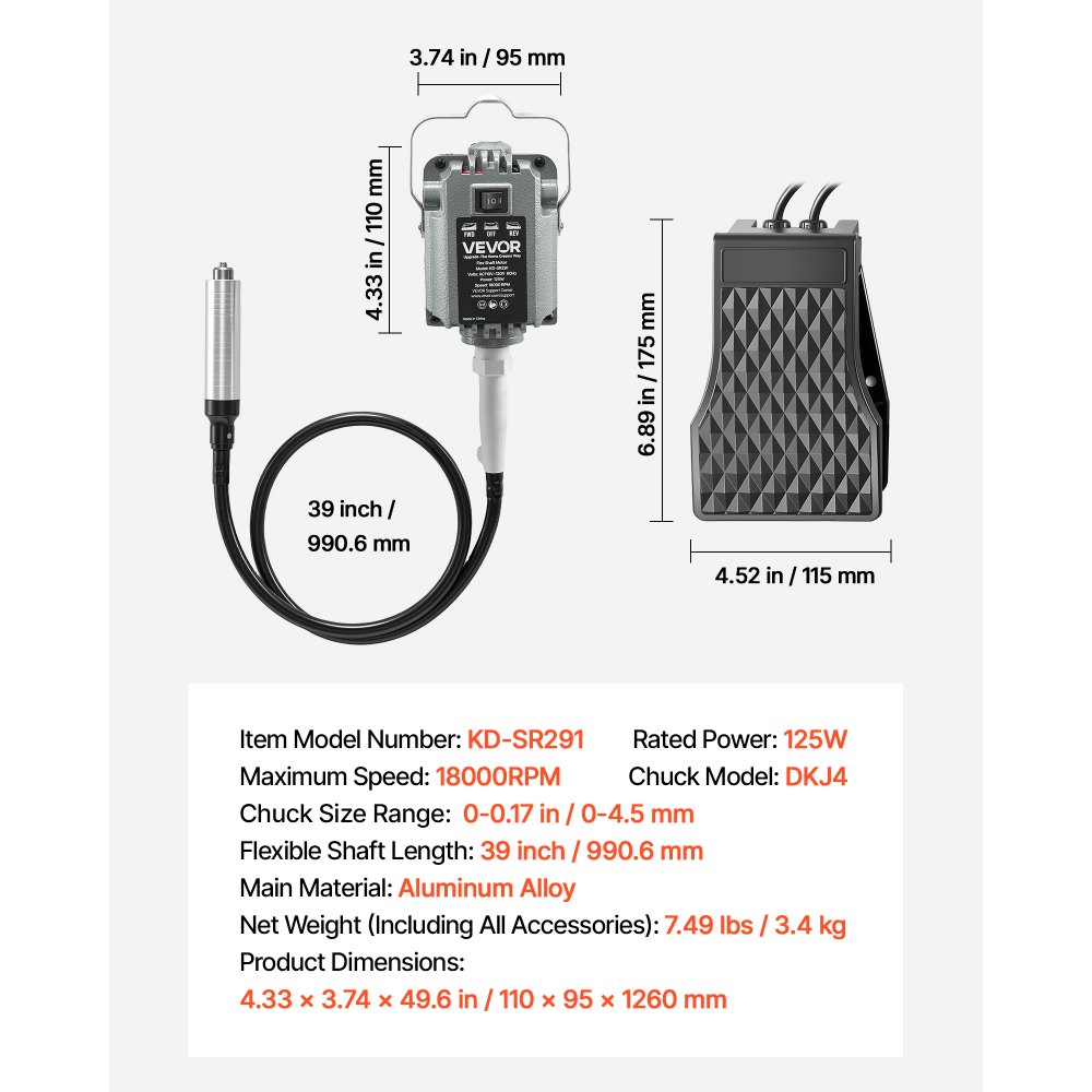 Amoladora de eje flexible VEVOR, herramienta rotativa eléctrica de eje flexible de 125 W y 18 000 RPM, amoladora colgante con control de pedal y kit de accesorios de 112 piezas para lijar, pulir y cortar.