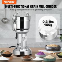 VEVOR 150g Molinillo eléctrico de granos, molinillos de especias comerciales de alta velocidad de 1050 W, máquina pulverizadora de polvo de acero inoxidable, para hierbas secas, granos, especias, cereales, café, maíz, pimienta, tipo recto