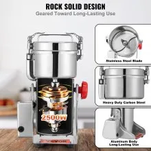VEVOR 700g Molinillo de granos eléctrico, molinillos de especias comerciales de alta velocidad de 2500 W, máquina de polvo pulverizador de acero inoxidable, para hierbas secas, granos, especias, cereales, café, maíz, pimienta, tipo oscilante