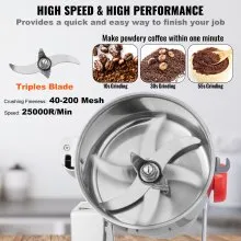 VEVOR 700g Molinillo de granos eléctrico, molinillos de especias comerciales de alta velocidad de 2500 W, máquina de polvo pulverizador de acero inoxidable, para hierbas secas, granos, especias, cereales, café, maíz, pimienta, tipo oscilante