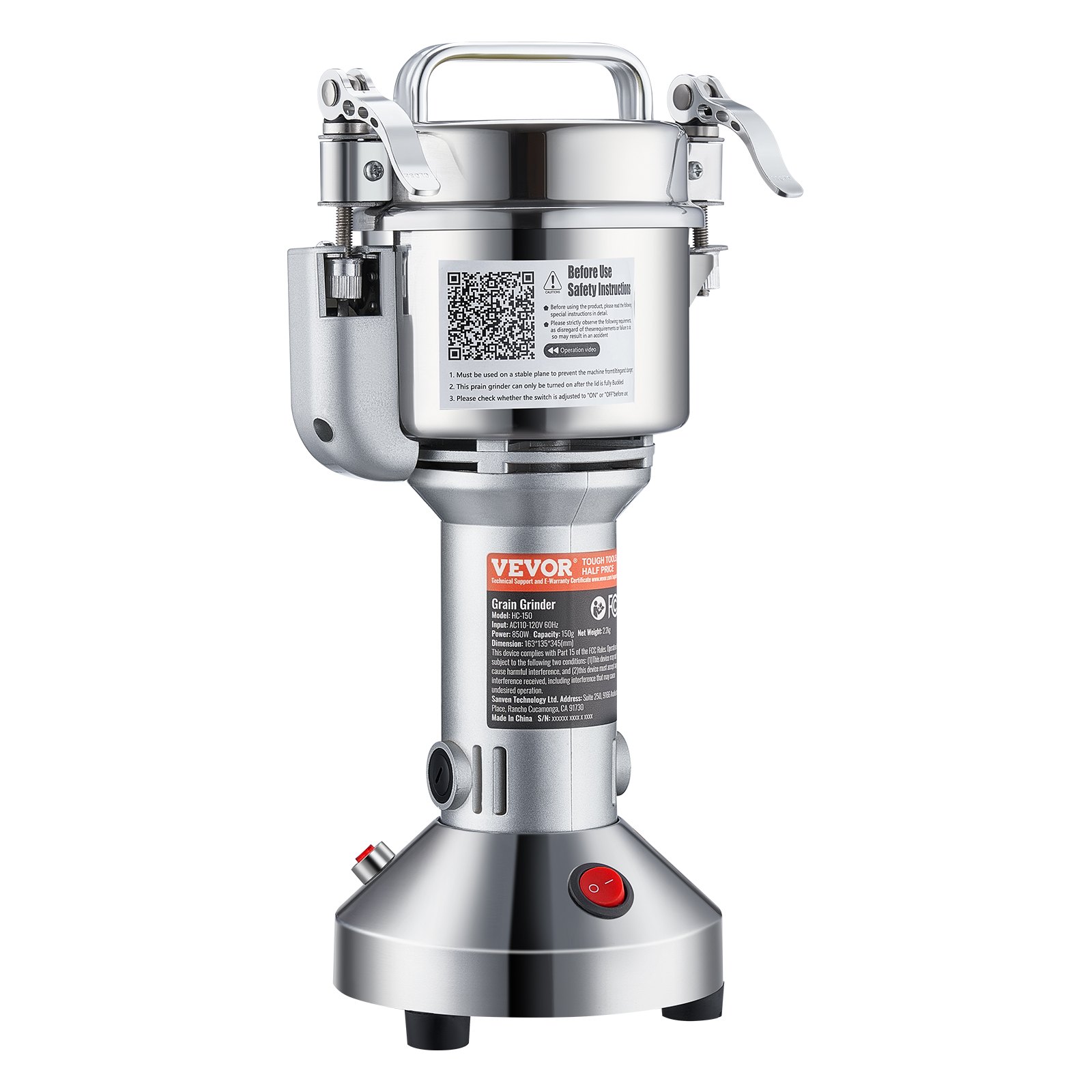 Molinillo de granos eléctrico VEVOR de 150 g, molinillo de especias comercial de alta velocidad de 850 W, pulverizador de acero inoxidable, para granos secos, especias, cereales, café, maíz, pimienta, tipo recto.