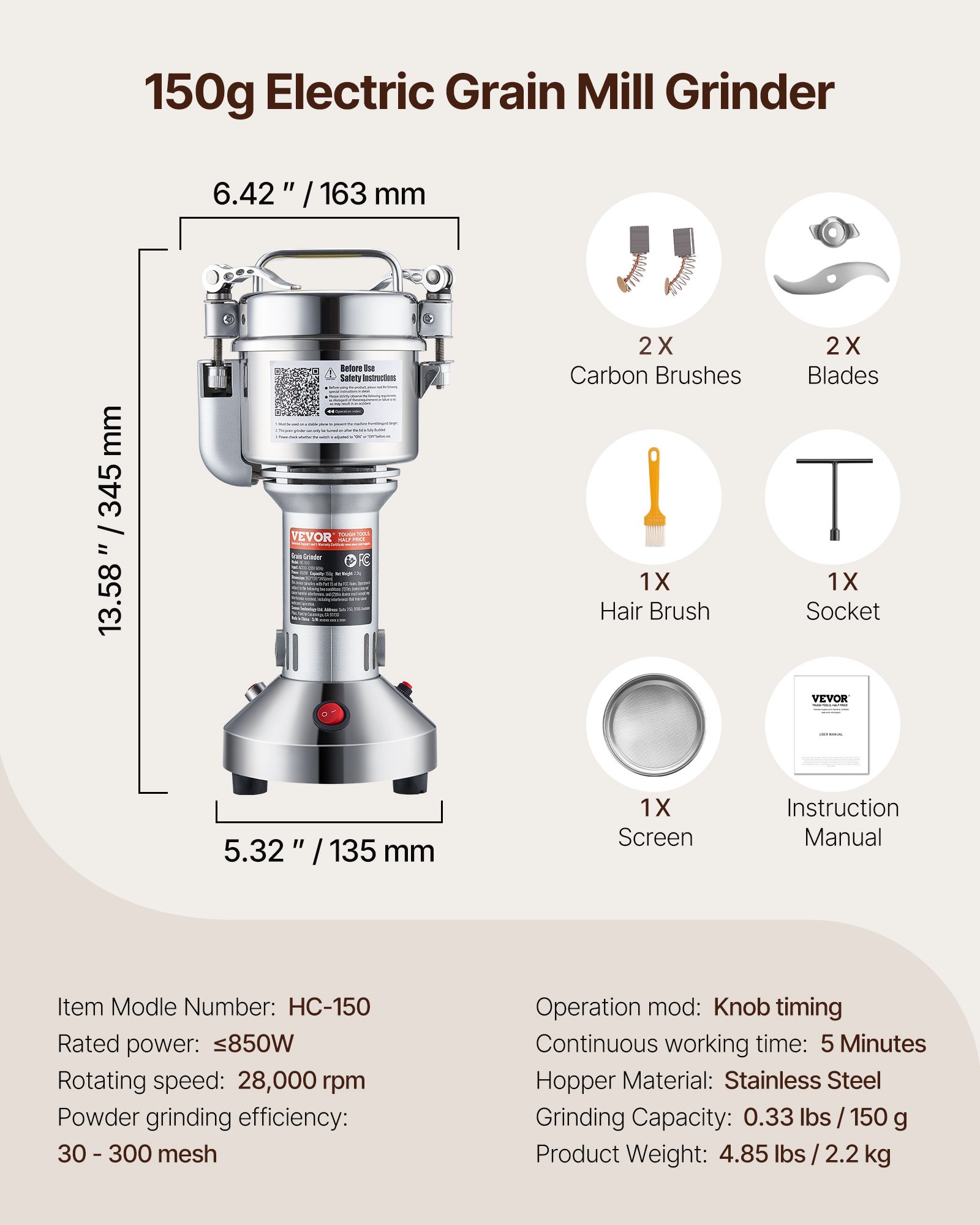 Molinillo de granos eléctrico VEVOR de 150 g, molinillo de especias comercial de alta velocidad de 850 W, pulverizador de acero inoxidable, para granos secos, especias, cereales, café, maíz, pimienta, tipo recto.