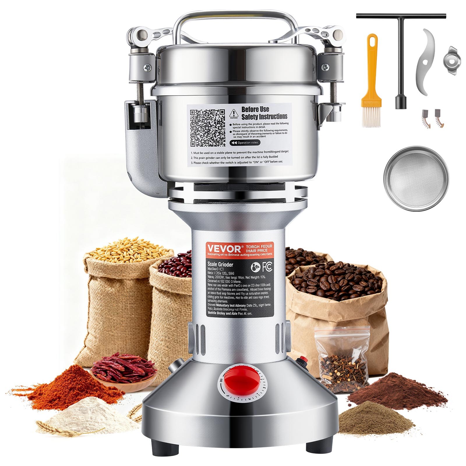 Molinillo de granos eléctrico VEVOR de 300 g, molinillo de especias comercial de alta velocidad de 1500 W, pulverizador de acero inoxidable, para granos secos, especias, cereales, café, maíz, pimienta, tipo recto.