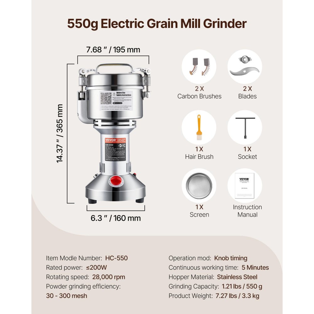 Molino eléctrico de granos VEVOR de 550 g, molino de especias comercial de alta velocidad de 2000 W, pulverizador de acero inoxidable, para granos secos, especias, cereales, café, maíz y pimienta, tipo recto