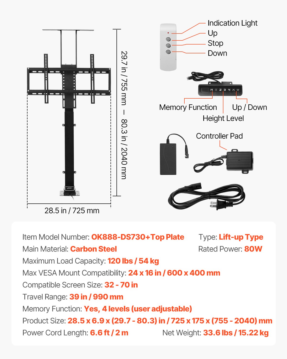 Soporte de TV motorizado VEVOR, soporte de montaje de TV ajustable con carga máxima de 120 lb, soporte de TV eléctrico vertical con control remoto, soporte de TV motorizado con VESA máximo de 24 x 16 pulgadas, para televisores de 32 a 70 pulgadas