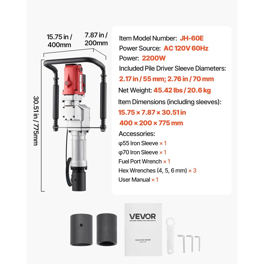 VEVOR - Hincador de postes eléctrico en T de 2200 W con manguitos de 55 mm y 70 mm. Potente hincador de pilotes para cercas, cercas metálicas, granjas, jardines, construcción y paisajismo.