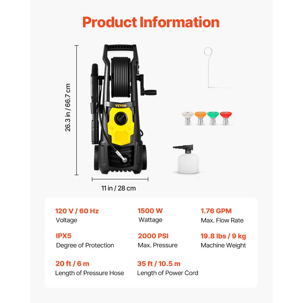 Tuspuzz Lavadora a presión eléctrica VEVOR Lavadora de alta presión 2000PSI 1.76GPM con carrete de manguera