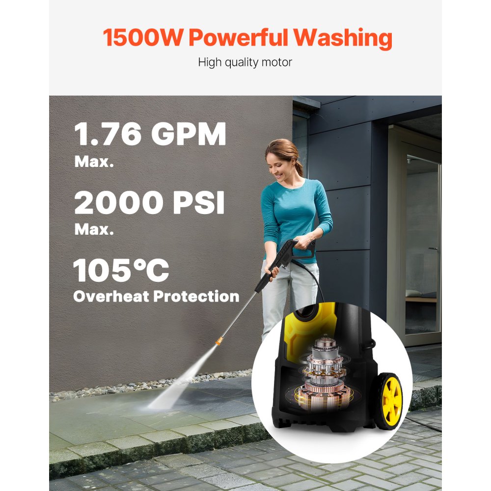 VEVOR Lavadora a presión eléctrica Lavadora de alta presión 2000PSI 1.76GPM con carrete de manguera