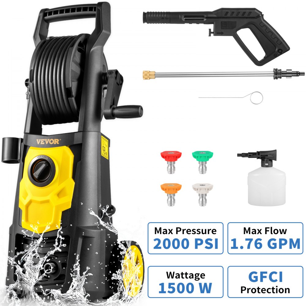 VEVOR Lavadora a presión eléctrica Lavadora de alta presión 2000PSI 1.76GPM con carrete de manguera