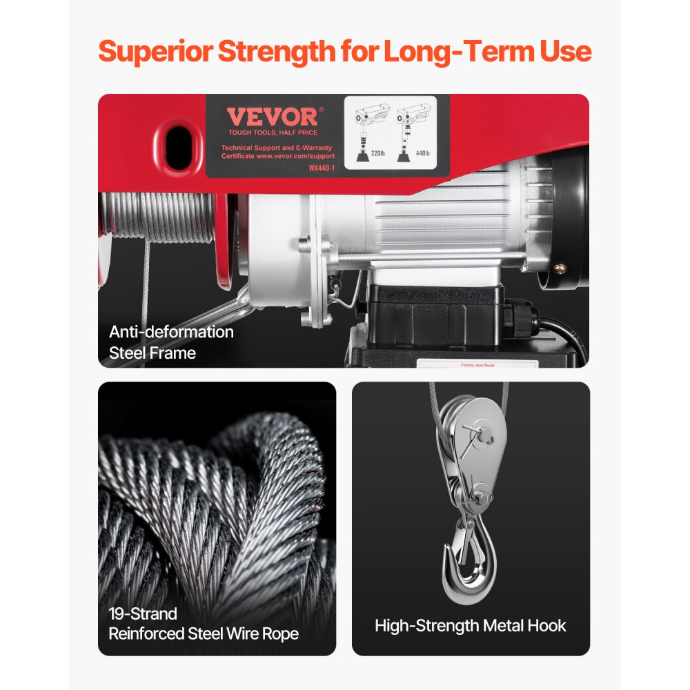 VEVOR Polipasto eléctrico inalámbrico, cabrestante eléctrico de alambre de acero de 440 libras 110 V con control remoto inalámbrico, altura de elevación de cable único de 40 pies y motor de cobre puro, para fábrica de almacén de garaje