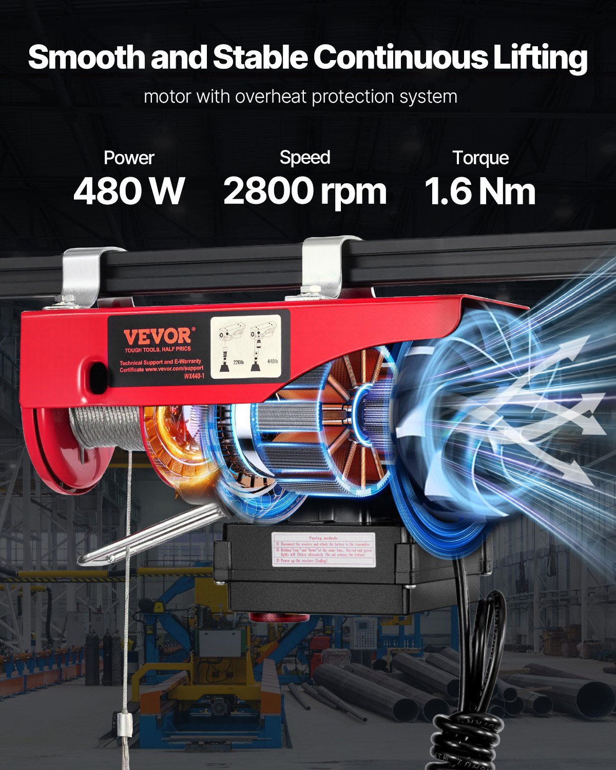VEVOR Polipasto eléctrico inalámbrico, cabrestante eléctrico de alambre de acero de 440 libras 110 V con control remoto inalámbrico, altura de elevación de cable único de 40 pies y motor de cobre puro, para fábrica de almacén de garaje