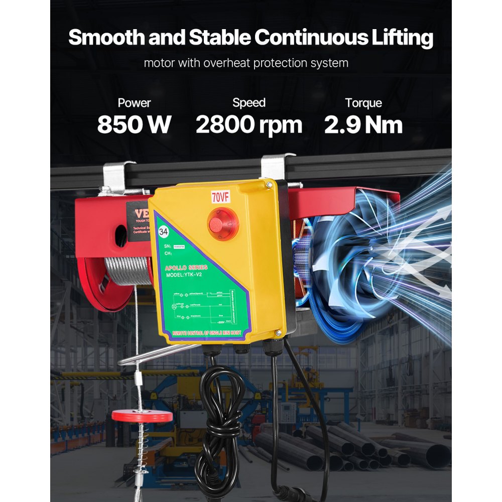 Polipasto eléctrico VEVOR, capacidad de elevación de 400 kg, cabrestante eléctrico de alambre de acero de 850 W y 110 V con control remoto inalámbrico, altura de elevación de un solo cable de 12 m y motor de cobre puro, para garaje, almacén y fábrica.
