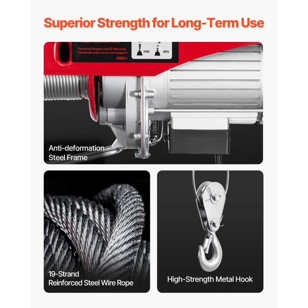 Polipasto eléctrico VEVOR, capacidad de elevación de 400 kg, cabrestante eléctrico de alambre de acero de 850 W y 110 V con control remoto inalámbrico, altura de elevación de un solo cable de 12 m y motor de cobre puro, para garaje, almacén y fábrica.