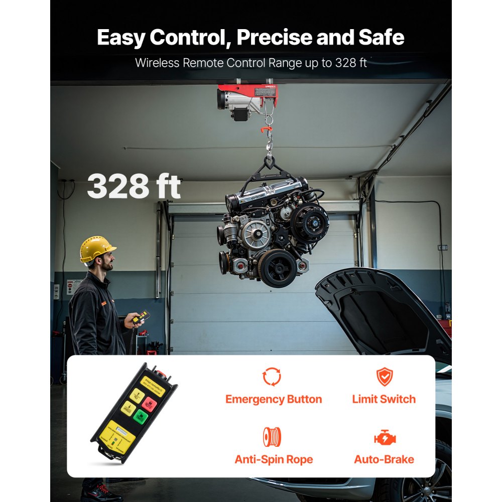 VEVOR Electric Hoist, 880 lbs Lifting Capacity, 850W 110V Electric Steel Wire Winch with Wireless Remote Control, 40ft Single Cable Lifting Height & High-quality Motor, for Garage Warehouse Factory