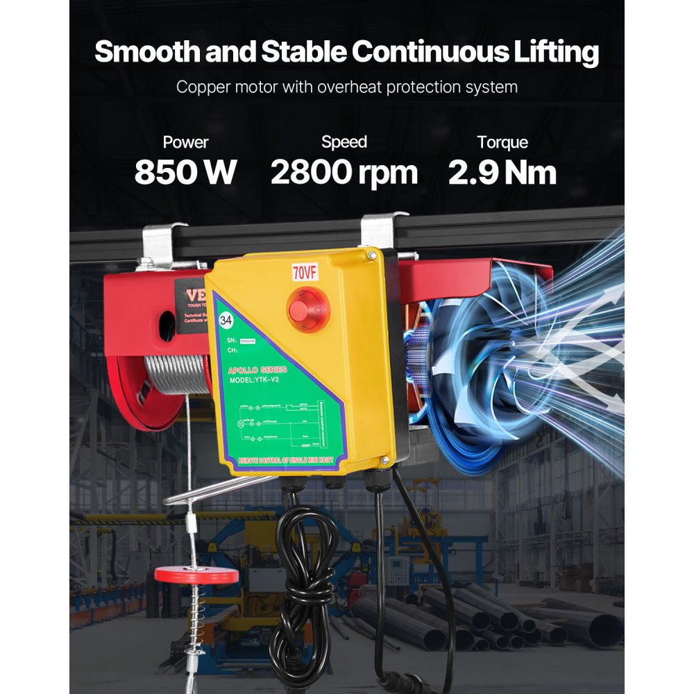 VEVOR Polipasto eléctrico, capacidad de elevación de 400 kg, cabrestante eléctrico de alambre de acero de 850 W y 110 V con control remoto inalámbrico, altura de elevación de un solo cable