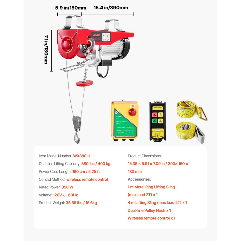 VEVOR Polipasto eléctrico, capacidad de elevación de 400 kg, cabrestante eléctrico de alambre de acero de 850 W y 110 V con control remoto inalámbrico, altura de elevación de un solo cable