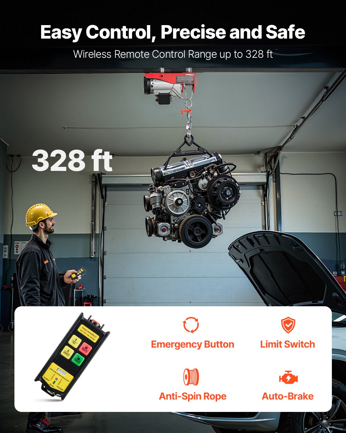 VEVOR Electric Hoist, 880 lbs Lifting Capacity, 850W 110V Electric Steel Wire Winch with Wireless Remote Control, 40ft Single Cable Lifting Height & High-quality Motor, for Garage Warehouse Factory