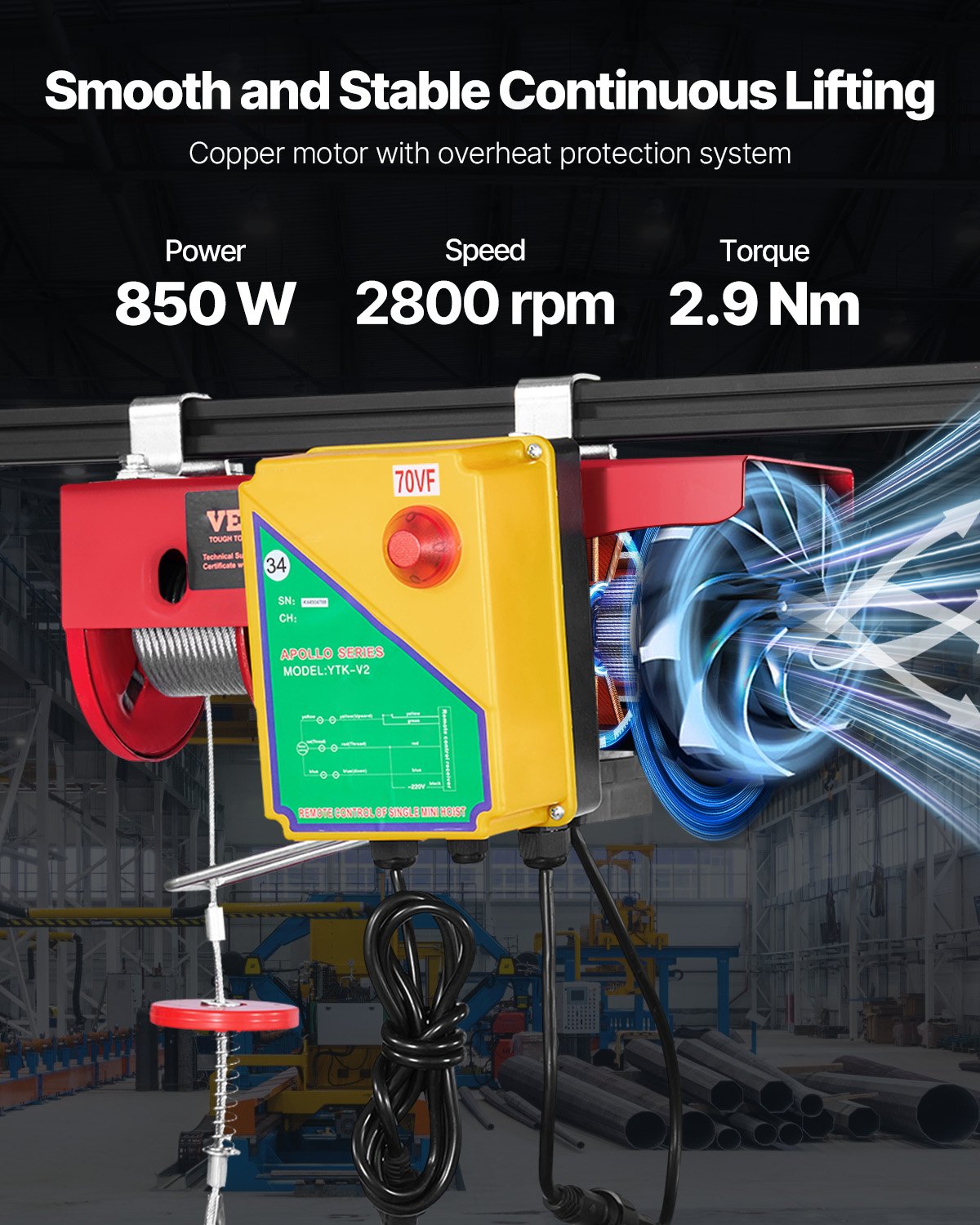VEVOR Polipasto eléctrico, capacidad de elevación de 400 kg, cabrestante eléctrico de alambre de acero de 850 W y 110 V con control remoto inalámbrico, altura de elevación de un solo cable